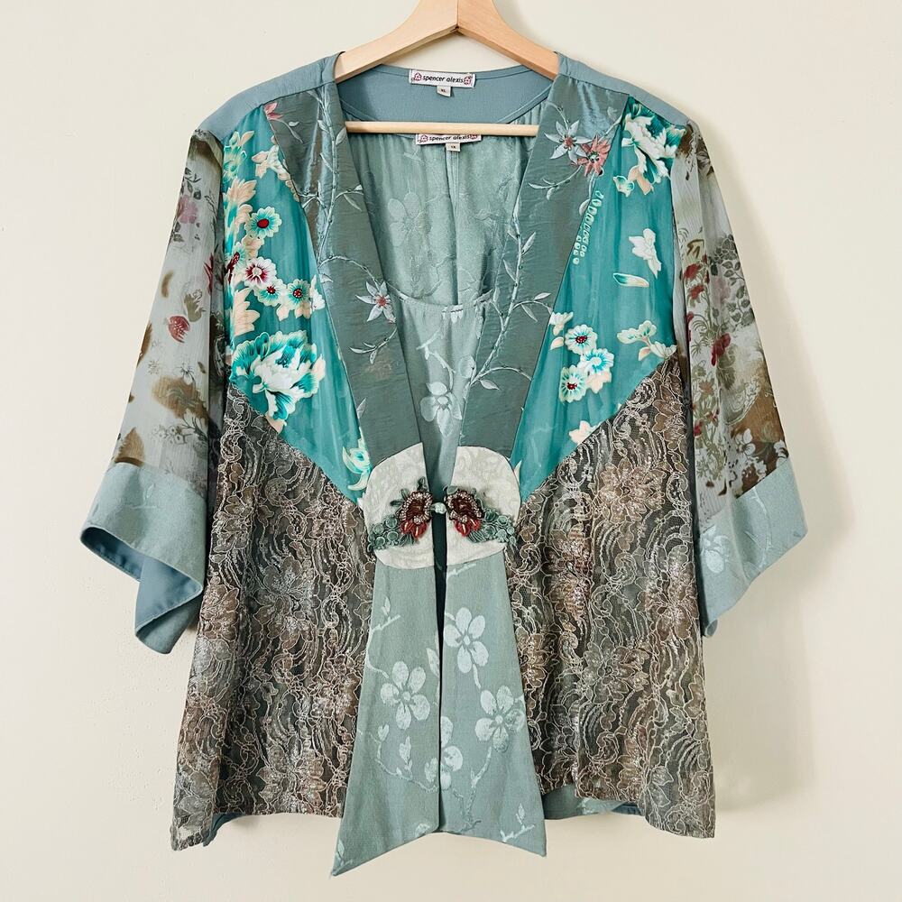Spencer Alexis XL 1X Gray Blue Floral Art-2-Wear Lace Burnout Twinset Jacket Top